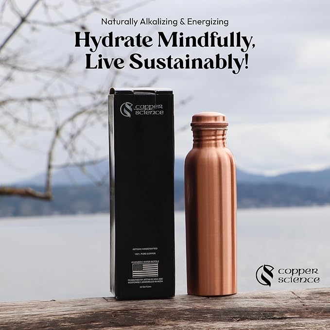 Pure Copper Water Bottle – 34Oz (1000 ml) – Handcrafted Smooth Finish Design, Leak-Proof – 100% Pure Copper Ayurvedic Metal Water Bottle for Benefits & Wellness