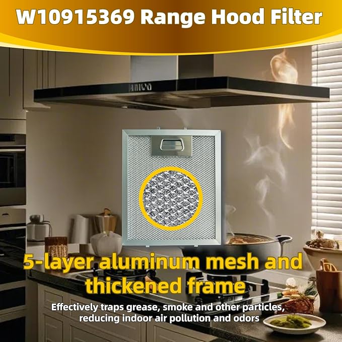 2Pcs W10915369 Range Hood Grease Filter Mesh Grease Vent Filter 5-Layer Aluminum Mesh 8.75 X 7.5 Inch Upgraded Stainless Steel Clips - AquaVibe