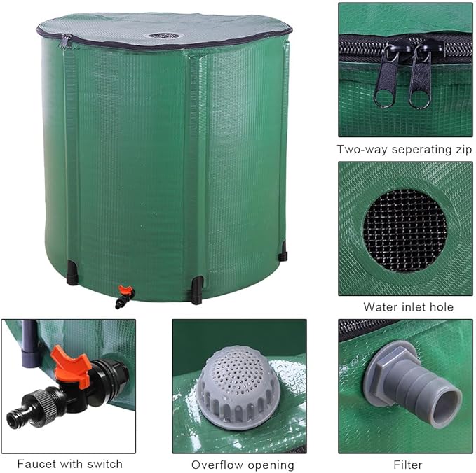VINGLI 200 Gallon Collapsible Rain Barrel, Portable Water Storage Tank, Rainwater Collection System Downspout, Water Catcher Container with Filter Spigot Overflow Kit
