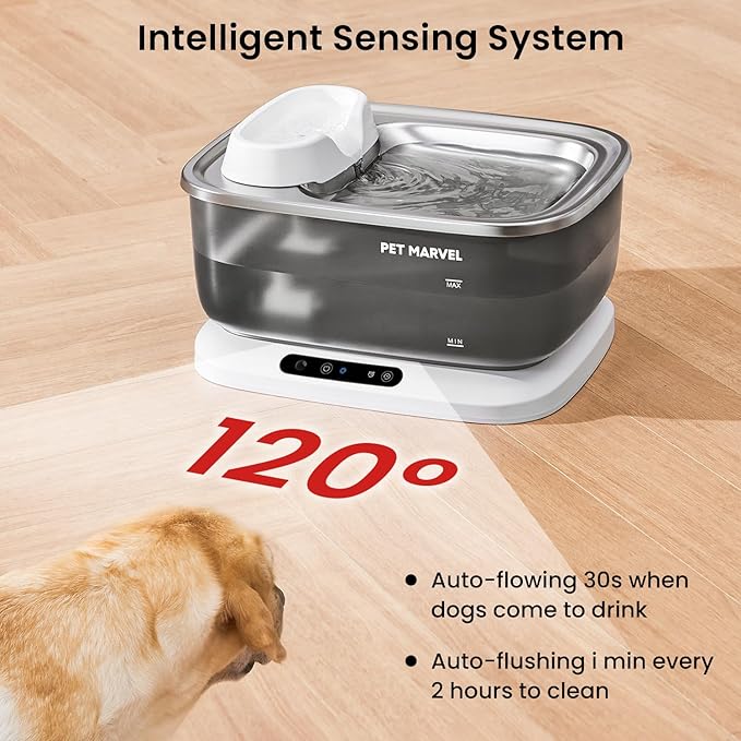 PET Marvel Wireless Quiet Pet Water Fountain, 7L/1.8Gal/230oz Large Water Reserve for Dogs & Cats, Stainless Steel Drinking Bowl, Battery or Plug-in Use, Designed for Short Trips & Backup Use, F2 V2