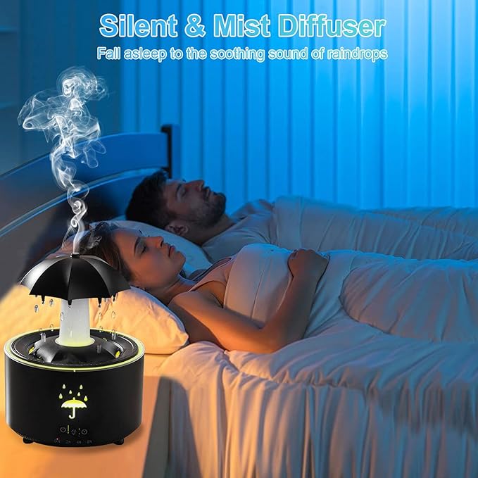 Raindrop Humidifier, Small Rotatable Aromatherapy Diffuser Air Humidifier, Desktop Diffuser with 7 Color Night Ligh and Timing for Bedroom, Rain Sound to Help Sleep, Gift for Family Friends (Black)