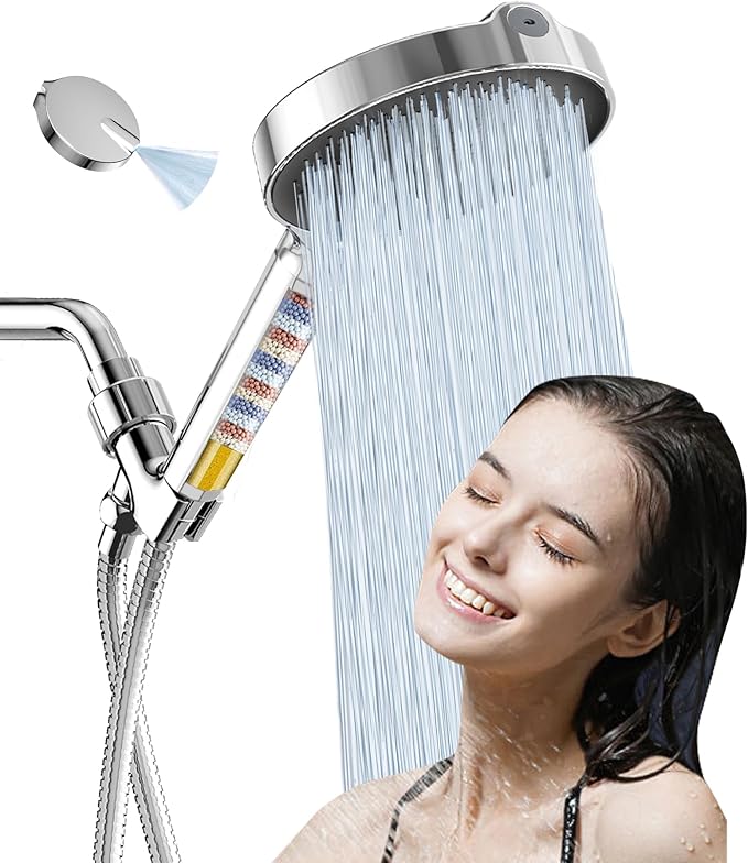 6“ Filtered Shower Head with Handheld, 6-Spray High Pressure Shower Head with Filter for Hard Water, Detachable Handheld Showerhead with Hose and Shower Arm Bracket, Chrome-Black - AquaVibe