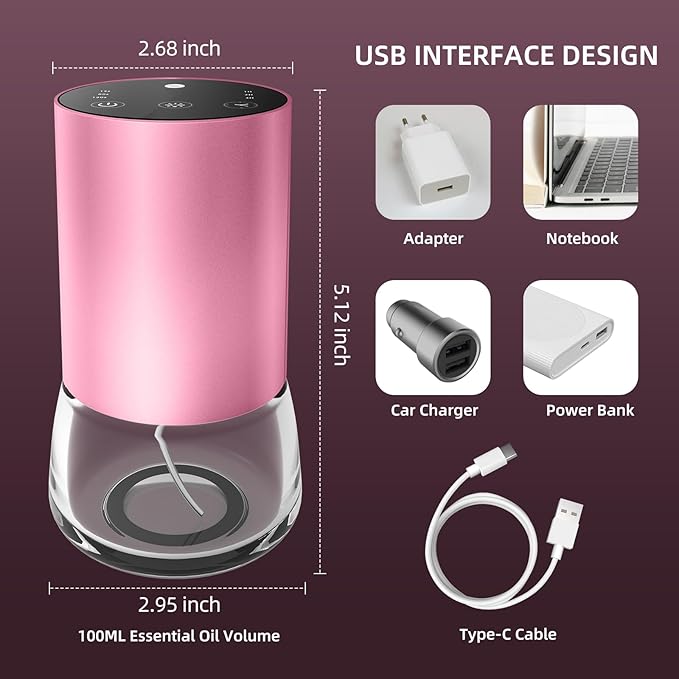 Waterless Essential Oil Diffuser 100ML Large Capacity Battery Operated Cordless Aromatherapy Diffuser with Timing & 3 Mist Levels car Diffuser 7 Colour Led Lights (Pink)