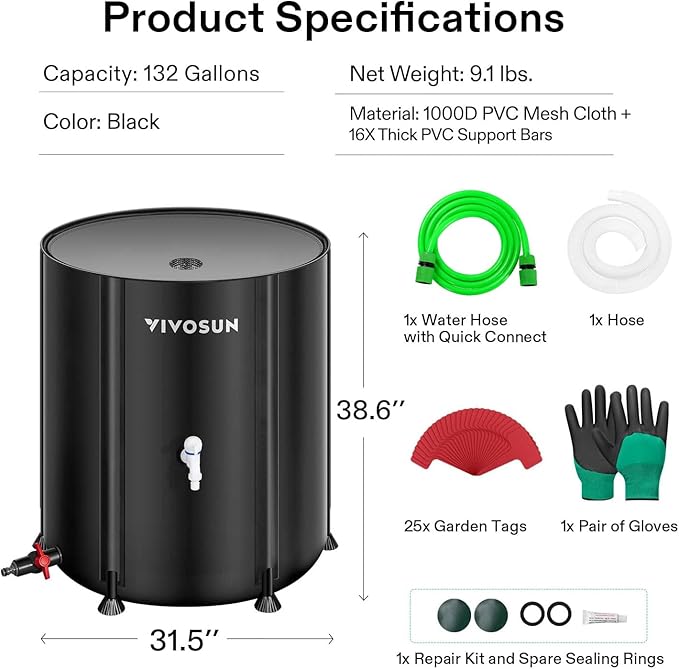 VIVOSUN Collapsible Rain Barrel, 132 Gallon Water Storage Tank with 1000D Oxford Cloth, Portable Rain Collection System Includes Two Spigots and Overflow Kit, Black