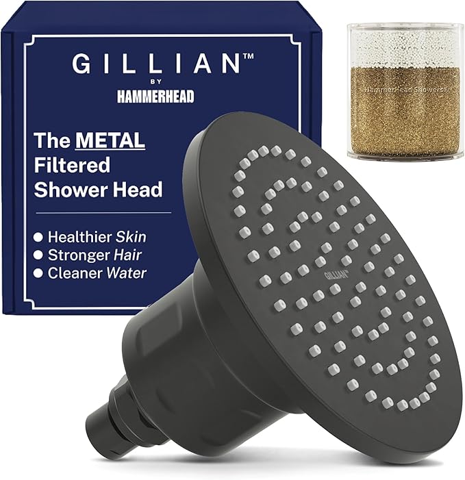 Gillian™ by HammerHead High Pressure Shower Head with Filter – Genuine KDF-55 Metal Hard Water Filtering Shower Head, Healthier Skin & Hair – 6-Inch Rainfall Shower Head with Filters, Matte Black