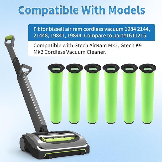 6 Pack Air Ram Filter Replacement for Bissell AirRam Stick Cordless Vacuum Models 1984 2144 21448 19841 19844, AirRam for Gtech Mk2 K9 Filters Vacuum Cleaner, Part # 1611215 - AquaVibe