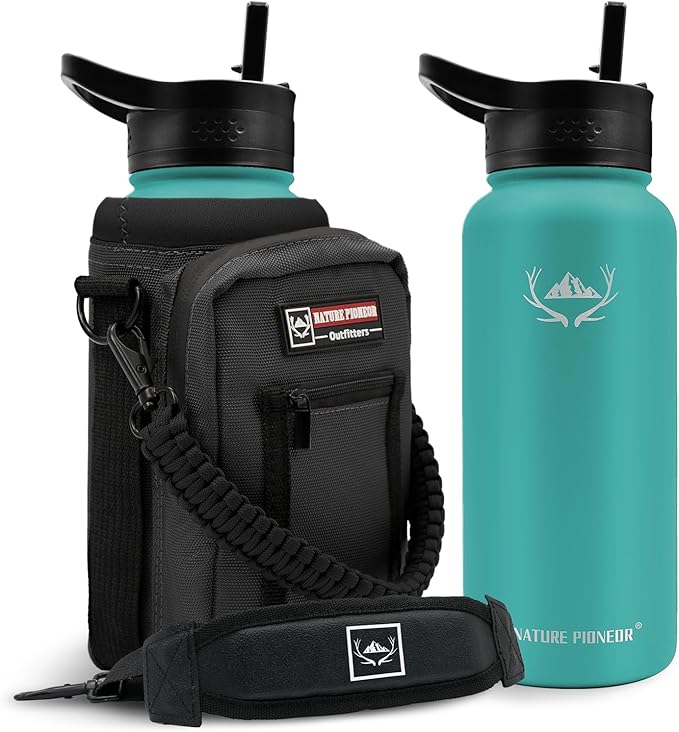 NATURE PIONEOR Insulated Water Bottles with Carrier Holder Sleeve - 32 ounce Stainless Steel Water Bottle with 3 Lids,straw,Keeps Hot and Cold