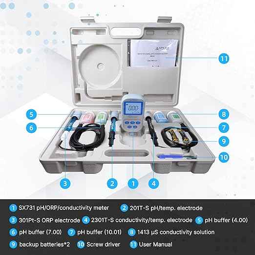 Apera Instruments SX731 pH/ORP/Conductivity/TDS/Salinity/Resistivity Portable Handheld Multiparameter Meter Kit, Silver