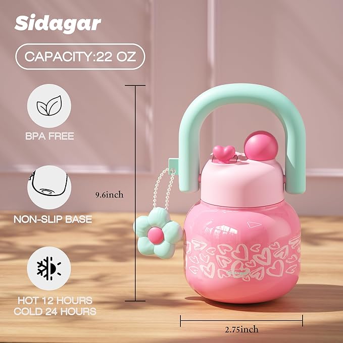 22 oz Tumbler with Straw and Carry Handle, Wide Mouth Insulated Stainless Steel Travel Water Bottle, Heart Pattern Flask for Gym & Office, Preppy Kawaii Valentines Day Gift