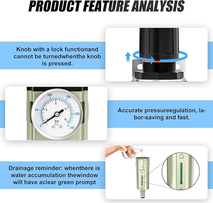 3/4" NPT Heavy Duty Industrial Grade Air Compressor Moisture Filter, Auto Drain, Particulate Filter and Air Regulator For Plasma Cutter and Paint Spray - AquaVibe