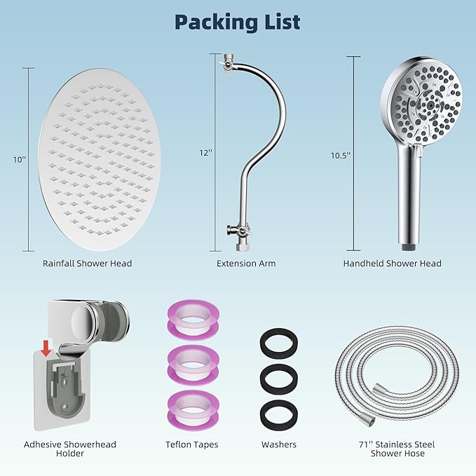 Hibbent All Metal Shower Head, 10'' High Pressure Rainfall Shower Head/Handheld Showerhead Combo with 12'' Adjustable Curve Shower Extension Arm, 10-Spray, 71'' Shower Hose, Shower Head Holder, Chrome