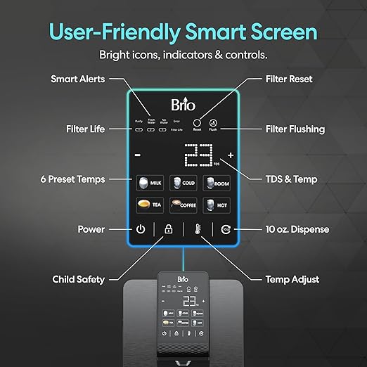 Brio Q20 Touchscreen Countertop Water Dispenser with 3 Stage RO Filtration System | Instant Hot, Cold & Room Temperature with 6 Presets | LED Display, UV Self-Cleaning | Refillable 6L Tank