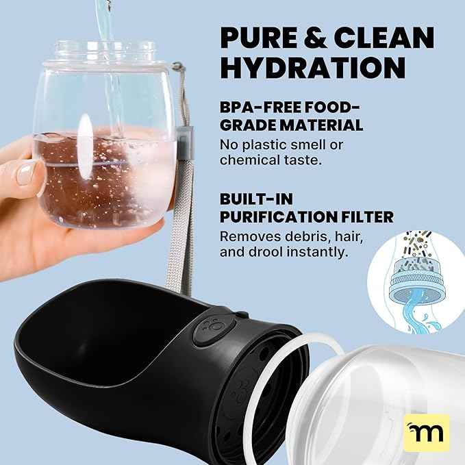 MalsiPree Dog Water Bottle Dispenser - 12 oz Black - Leak-Proof Lock & One-Hand Operation - On The Go Dog Water Dispenser - Pet Travel Bottle with Built-in Bowl, Travel & Hiking Ready