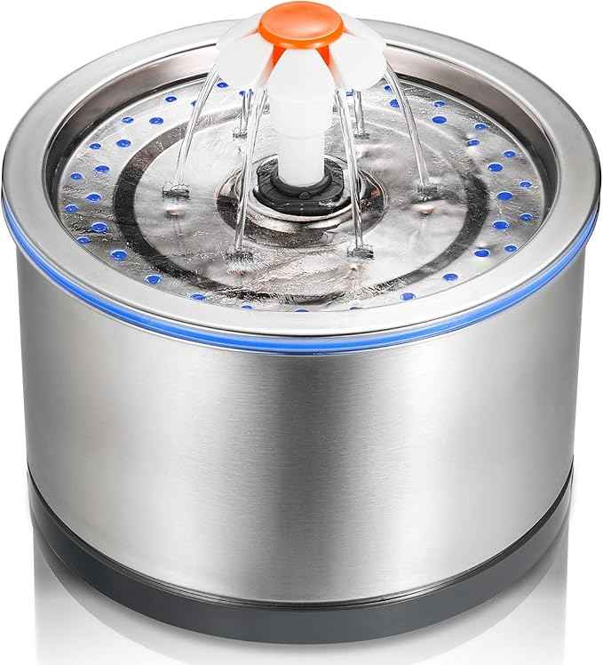 iPettie Cat Water Fountain Stainless Steel, 84oz/2.5L, 4-Stage Filtration, Ultra Quiet Metal Cat Water Fountain with LED Light & Filter for Pet, Kitty & Dog