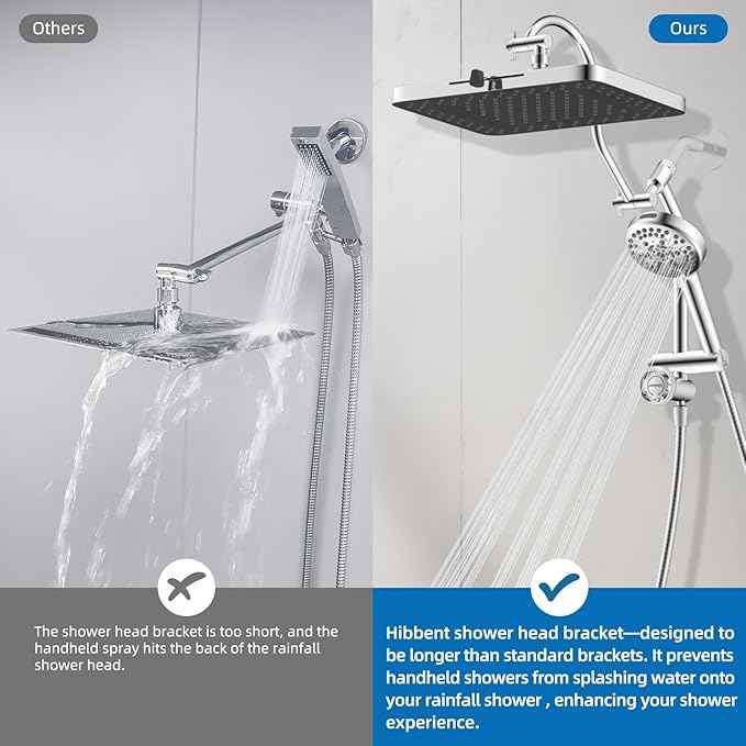 Hibbent cUPC Certified 13'' Shower Head Combo, High Pressure 5 Spray Rainfall Showerhead, 10 Spray Mode Handheld, All Metal Easy Reach 4-way Diverter Arm with Pause Mode, 71'' Hose and Holder, Chrome