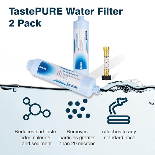 Ranein 2 Pack RV Inline Water Filter with Hose Protector, NSF Certified, Reduces Chlorine, Odor, Bad Taste and Sediment in Drinking Water, Ideal for RV's Campers, Travel Trailers and Boats