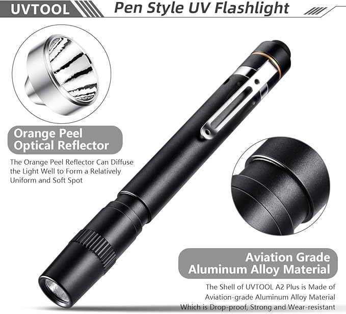 UVTOOL A2D Pen Blacklight 365nm UV Flashlight with Pen High Power Output, Pure Beam for UV Glue Curing Light, Rock and Mineral Fluorescent Glowing, Pet Urine Detector Light, AC Leak Detector
