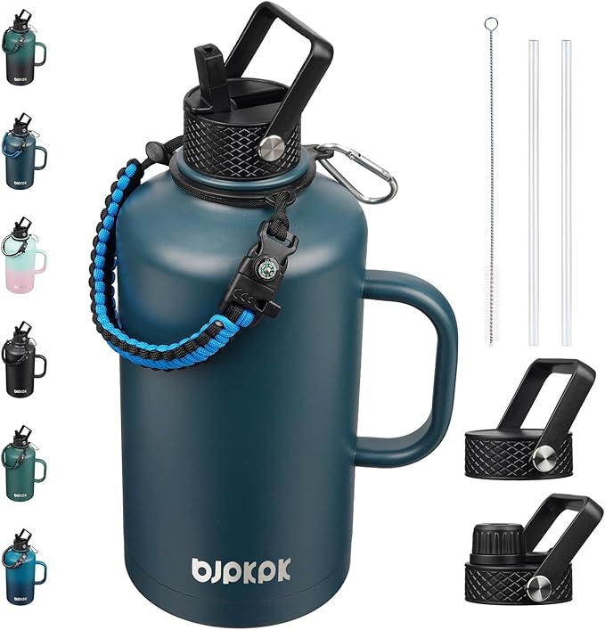 BJPKPK 2/3 Gallon Water Bottle Insulated with Straw Lid, 87oz Large, Stainless Steel Water Bottles with 3 Lids and Paracord Strap, Double Wall Vacuum Metal Water Jug,Navy Blue