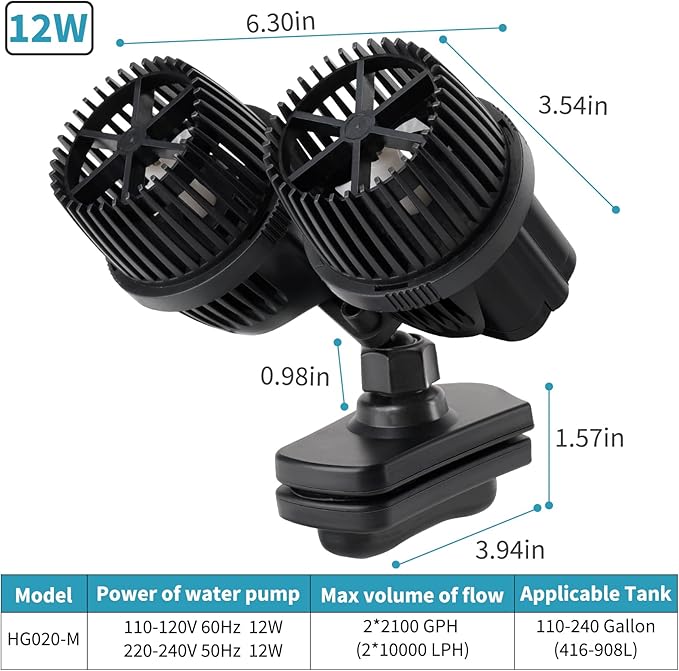 hygger 4200GPH Double Head Aquarium Circulation Pump, Quiet 12W Aquarium Wave Maker, with Strong Magnetic Suction Base, 360°Adjustable Power Head, for 110~240 Gal Tank - AquaVibe