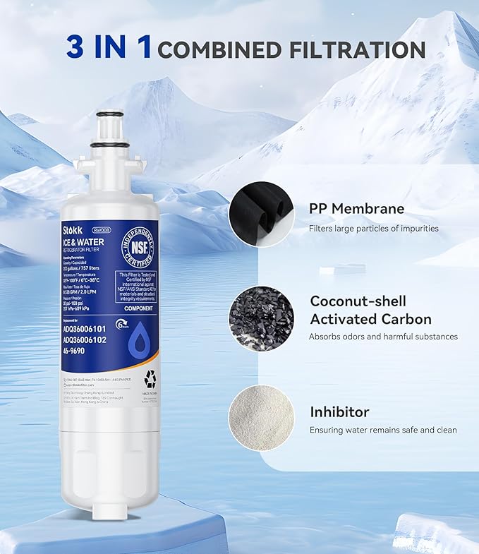 Stokk LT700P ADQ36006101 Refrigerator Water Filter Replacement Compatible with LG LT700P/PC/PCS, ADQ36006102, ADQ36006113, AGF80300702, Kenmore 9690, and LT120F Air Filter, NSF42, 3 Combo