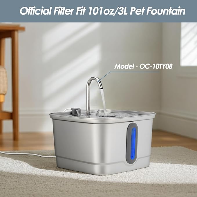 Stainless Steel Cat Water Fountain, 101oz/3L Automatic Pet Water Fountain, Dog Water Fountain for Cats, Small Dogs (The Set Only Include Official 4 Packs Replacement Filters & Sponges)