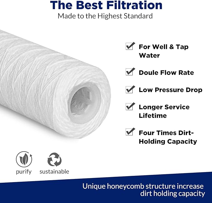 Membrane Solutions 10 Micron 10"x2.5" String Wound Whole House Water Filter Replacement Cartridge Universal Sediment Filters for Well Water - 6 Pack