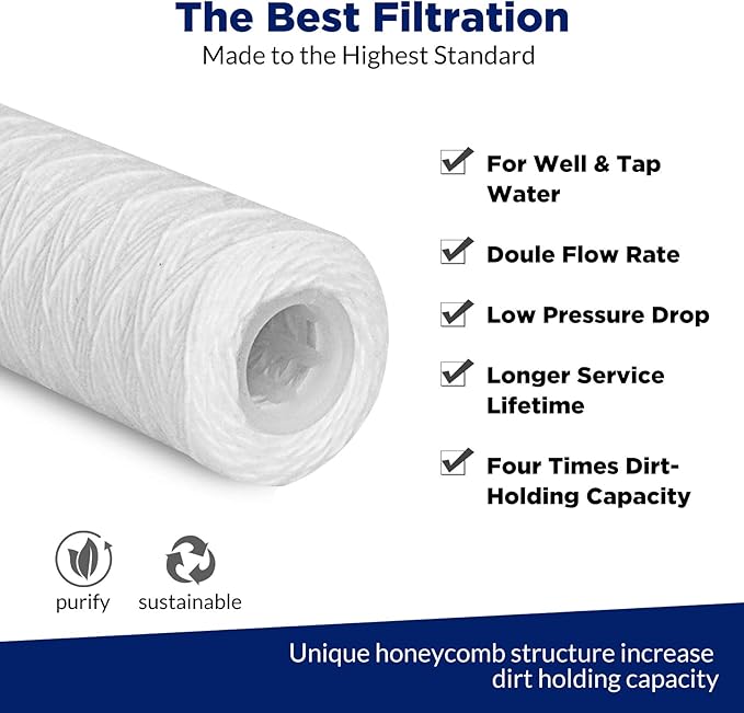Membrane Solutions 20 Micron 10"x2.5" String Wound Whole House Water Filter Replacement Cartridge Universal Sediment Filters for Well Water - 6 Pack