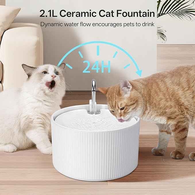 Upgrade Ceramic Cat Water Fountain, 2.2L/78oz Ceramic Cat Fountain, Automatic Ceramic Water Fountain for Cats, Pet Water Fountain with Ultra-Quiet Pump (White)