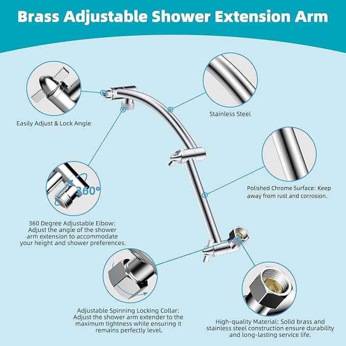 Hibbent Rain Filtered Shower Head, 13'' High Pressure Rainfall 5 Modes Showerhead with 16" Shower Head Extension Arm, Solid Brass Adjustable Shower Arm Extender, 20 Stage Shower Filter, Chrome