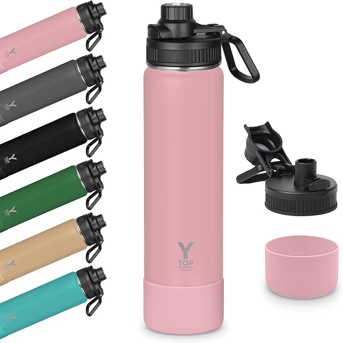 Y TOP 24oz Insulated Water Bottle Leak Proof Spout Lid Fits in Car Cup Holder – Double Wall Dishwasher Safe Easy Clean stainless steel drinking water bottle for Gym Kids Sports Travel Hiking School