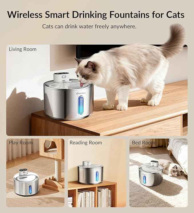Cat Water Fountain Stainless Steel,135fl-oz/4L Wireless Cat Fountain Battery Operated Pet Fountain with 5 Filters for Dogs Cats Indoor