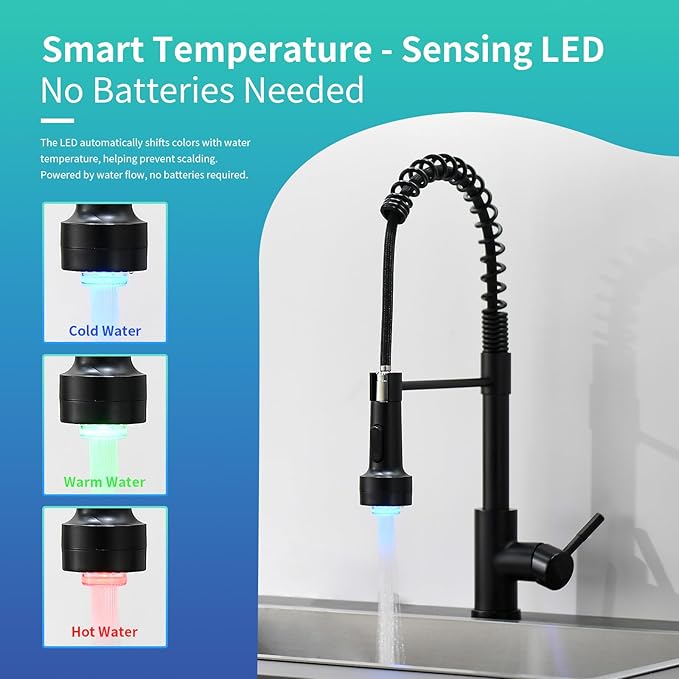 GIMILI Black Kitchen Faucet with Pull Down Sprayer Single Hole Stainless Steel LED Faucet, Suitable for Farmhouses, RV, Laundry Room, Outdoor, and Campers. Llave para fregadero de cocina