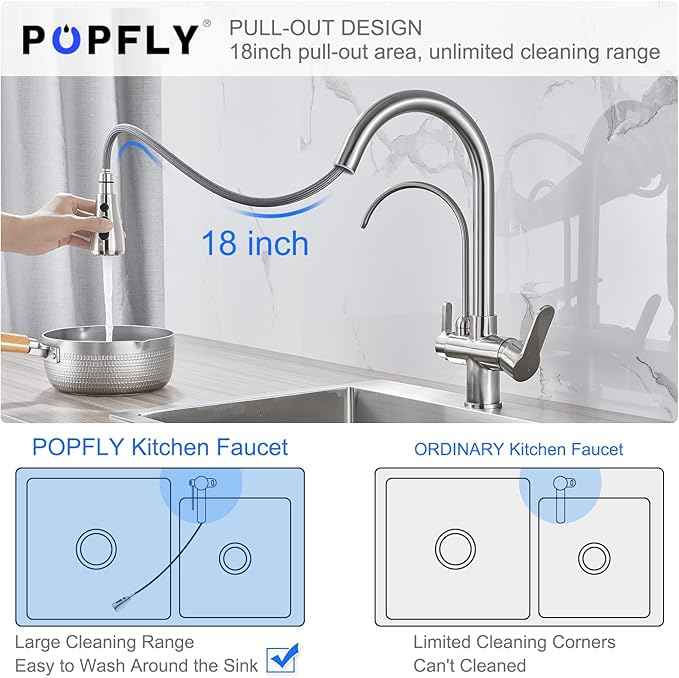 POPFLY Kitchen Faucet with Drinking Water Faucet, 3 in 1 Water Filter Purifier Faucet 2 Handles with Pull Down Sprayer, Brushed Nickel