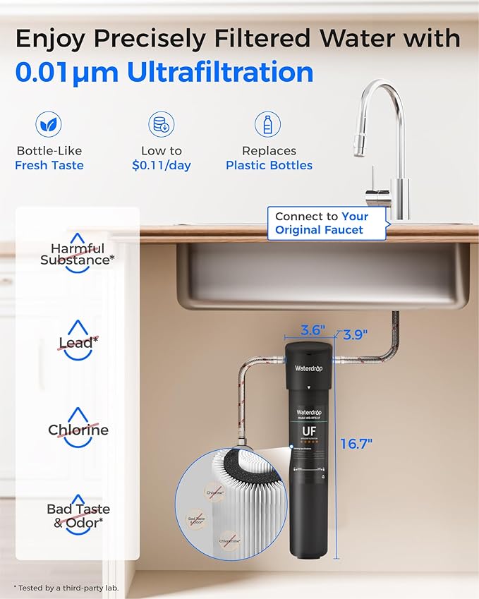 Waterdrop 15UA-UF Ultra Filtration Under Sink Water Filter System and Waterdrop RF15-UF 0.01 Micron Replacement Filter Cartridge for 15UA/15UA-UF/15UB/15UB-UF/15UC/15UC-UF Under Sink Water Filter
