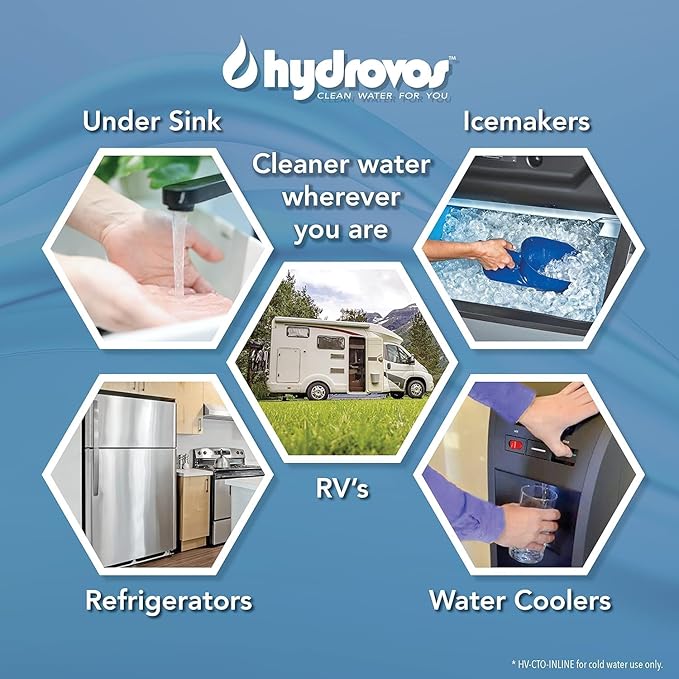 HYDROVOS 10-Inch Inline Water Filter for Ice Maker, Refrigerator, Dishwasher, Reverse Osmosis System, Post Activated Carbon Cartridge Reduces Chlorine, 1/4" NPT Threaded Connection, Bulk Pack