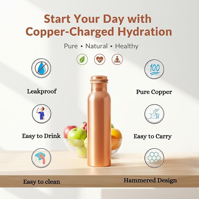 Copper Water Bottle - 34 Oz Extra Large - A Hammered Ayurvedic Pure Copper Vessel For Drinking - Drink More Water, Lower Your Sugar Intake And Enjoy The Health Benefits Immediately (Plain)