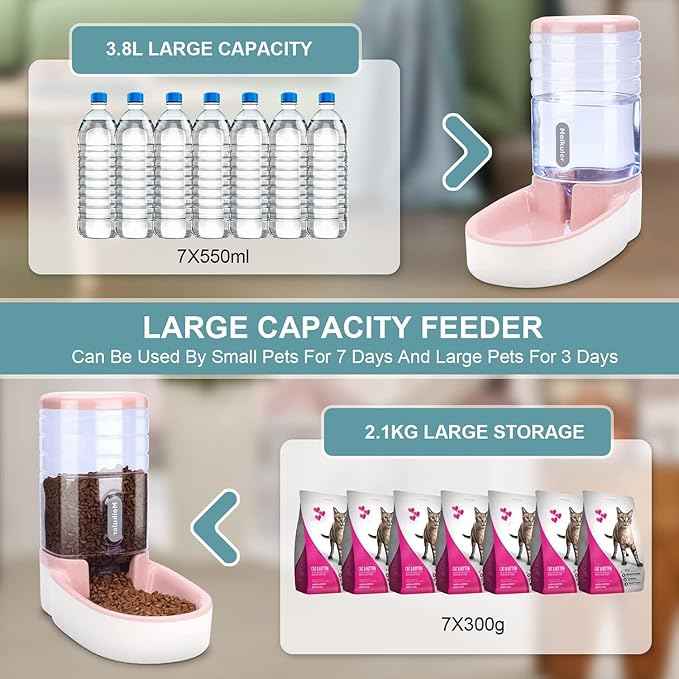 Meikuler Automatic Dog Cat Feeder and Water Dispenser Set,Waterer and Gravity Food Feeder for Small & Medium Dogs Cats Puppies,Large Capacity 1 Gallon x 2(Pink)
