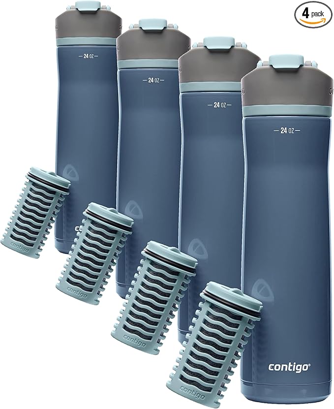 Contigo Clybourn Chill Stainless Steel FreeFlow Filter Water Bottle with AUTOSEAL, 24oz., Dark Ice (Pack of 4)