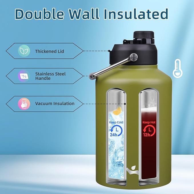1 Gallon Jug with Handle,128 oz Insulated Water Bottle with Carrying Pouch, Double Wall Vacuum Stainless Steel Metal Bottle,Forest Green