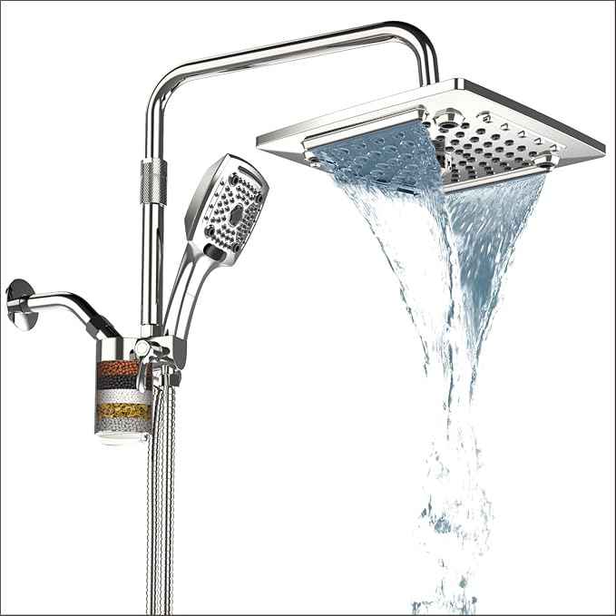 ELLO&ALLO Filtered Rain Shower Head with Handheld Spray, Rainfall Shower Head Combo with 59" Hose, Dual Showerhead Set with Adjustable Shower Extension Arm, Chrome