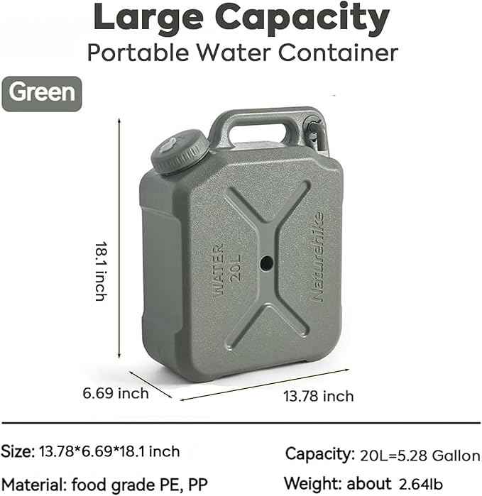 Naturehike 5.28 Gallon Water Jug, Large Camping Water Container with Adjustable Spigot, Truly No Leakage Water Storage, Portable Emergency Water Tank Camp for Camping, Hiking (Green, 5.28Gallon)