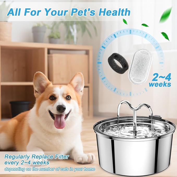 Cat Water Fountain Filters Replacement, 16 Pcs Pet Water Fountain Filter with 16 Pcs Foam Sponges for 67oz/2L & 108oz/3.2L Stainless Steel Pet Cat Water Fountain Dispenser Filters