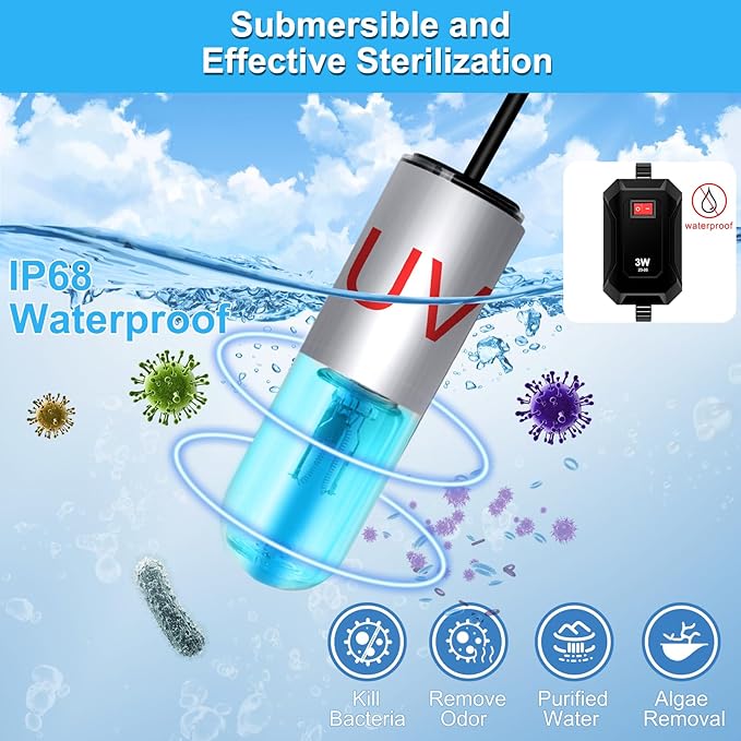 Aquarium Clean Light，3 W mini &13W Submersible Light with UV Test Card,Aquarium Water Clean Green Clear Waterproof Clean Lamp for Pond,Swimming Pool,Indoor (3W MINI)