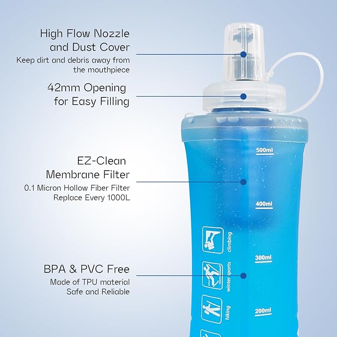 GUYI 700ml Collapsible Water Filter Bottle, Removes Impurities, BPA Free, Ultralight for Hiking, Camping, Cycling & Travel-Blue