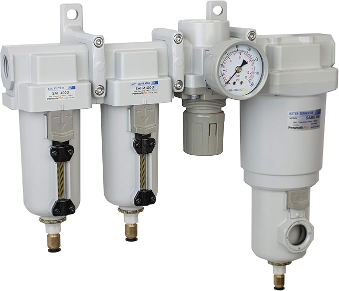 PneumaticPlus SAU470-N04DG-MEP 4 Stage Compressed Air Drying System - Particulate Filter, Coalescing Filter, Pressure Regulator & Water Separator, 1/2