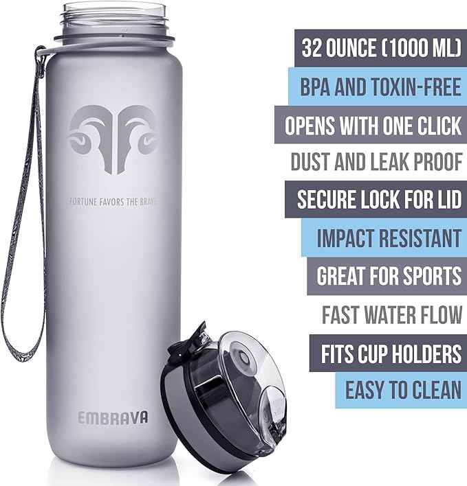 Embrava Sports Water Bottle 32oz - Fast Flow Flip Top Lid - BPA & BPS Free Leakproof Reusable - Lightweight Non-Toxic Tritan Plastic 1 Liter - Gym Hiking Office School Travel