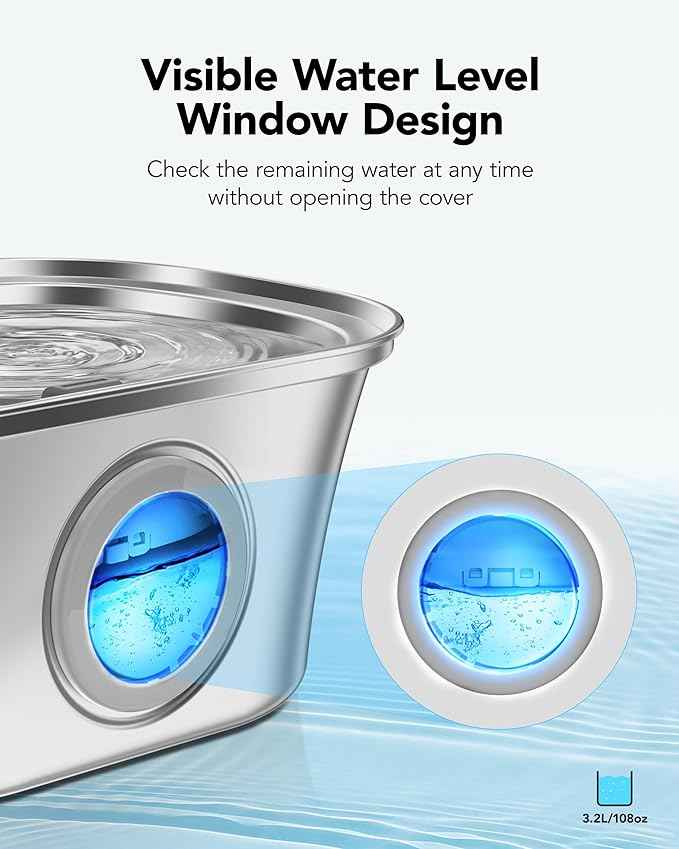 Cat Water Fountain with Water Level Window, HICC PULE 108oz/3.2L Stainless Steel Automatic Pet Water Fountain, Dishwasher Safe Dog Water Dispenser with Ultra-Quiet Pump, Multi-Filtration System