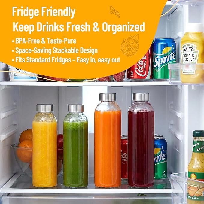 18 oz Clear Glass Water Bottles with Lids, Reusable Glass Juice Bottles with Stainless Steel Cap for Juicing, Refrigerator,100% Leak Proof, BPA Free, Set of 24