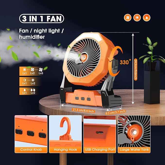 Ausic 10W Solar Fan with Mister, Misting Camping Fan with Solar Panel, Portable Outdoor Fans, 8 Inch Battery Operated Rechargeable Cooling Fans with Water Spray for Travel/Beach/Chicken Coop