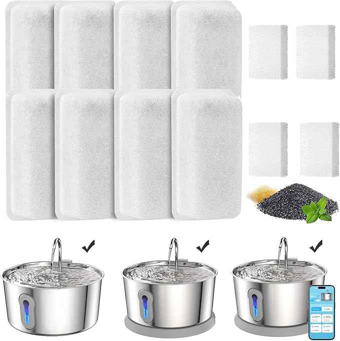 Cat Water Fountain Filters, 8 Pack Replacement Filters & 4 Pack Replacement Sponges Set for 4L/135oz Automatic Stainless Steel Pet Fountain Ultra Quiet Dog Water Dispenser